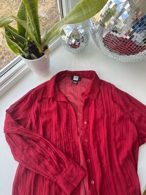 Red Glitter Textured Sheer Button-Up Shirt - 90s Plus size Vintage Going Out Top